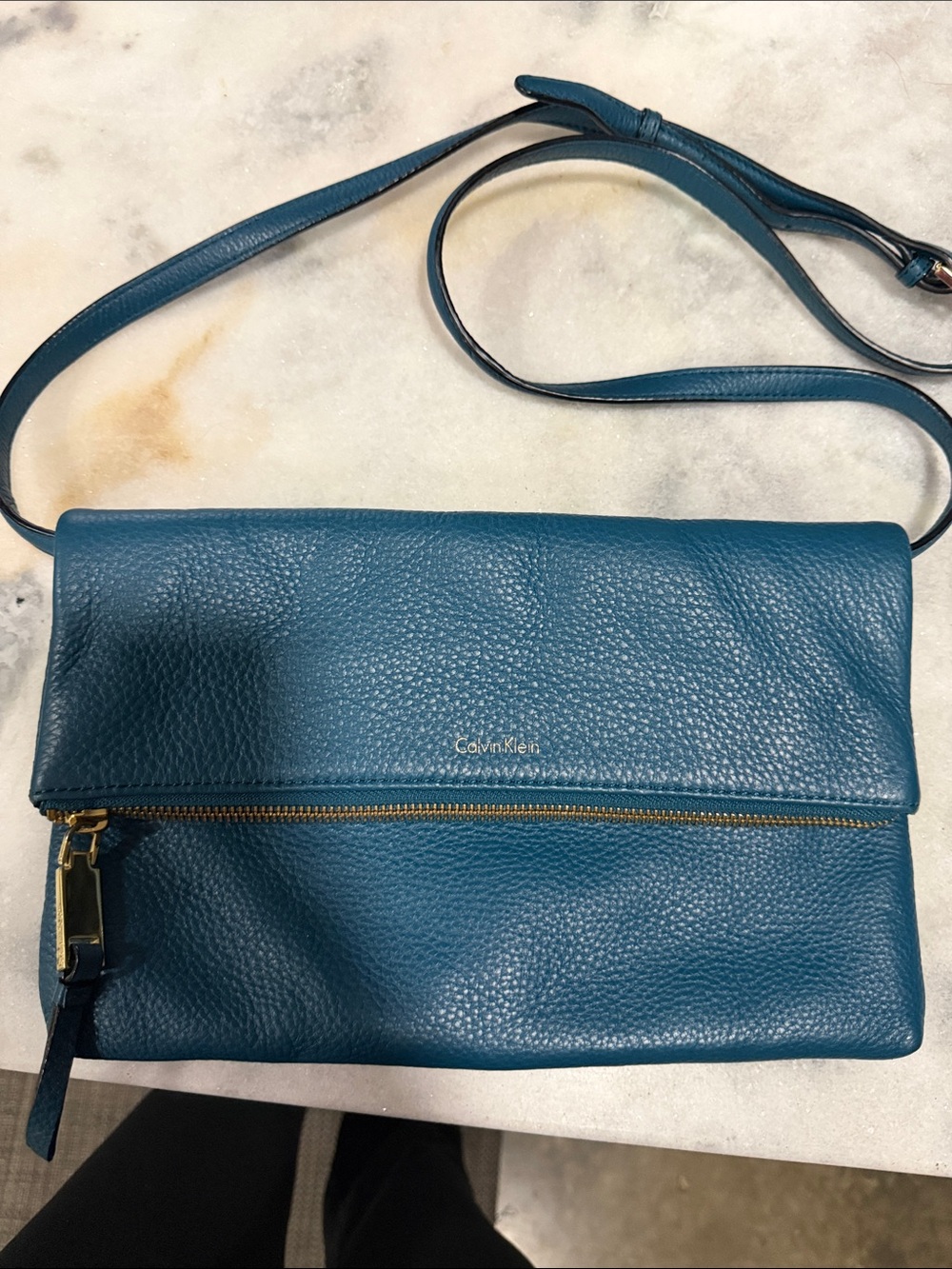 Calvin Klein Blue Pebbled Leather Fold-Over Crossbody - Picture 2 of 6